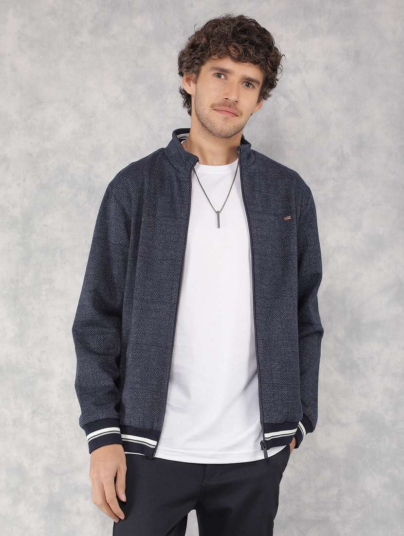 men navy blue stand collar zipper sweatshirt