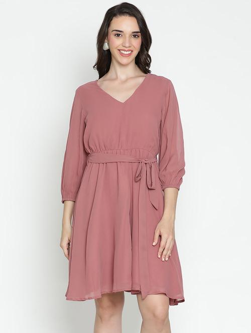 peach solid fit & flare dress - 21496475 -  Standard Image - 0