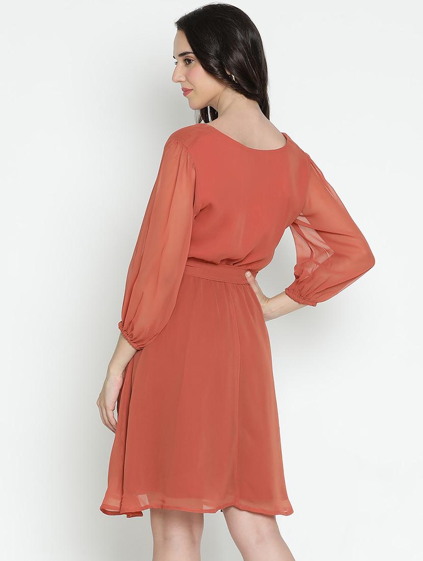 women rust solid fit & flare dress - 21496489 - Standard Image - 3