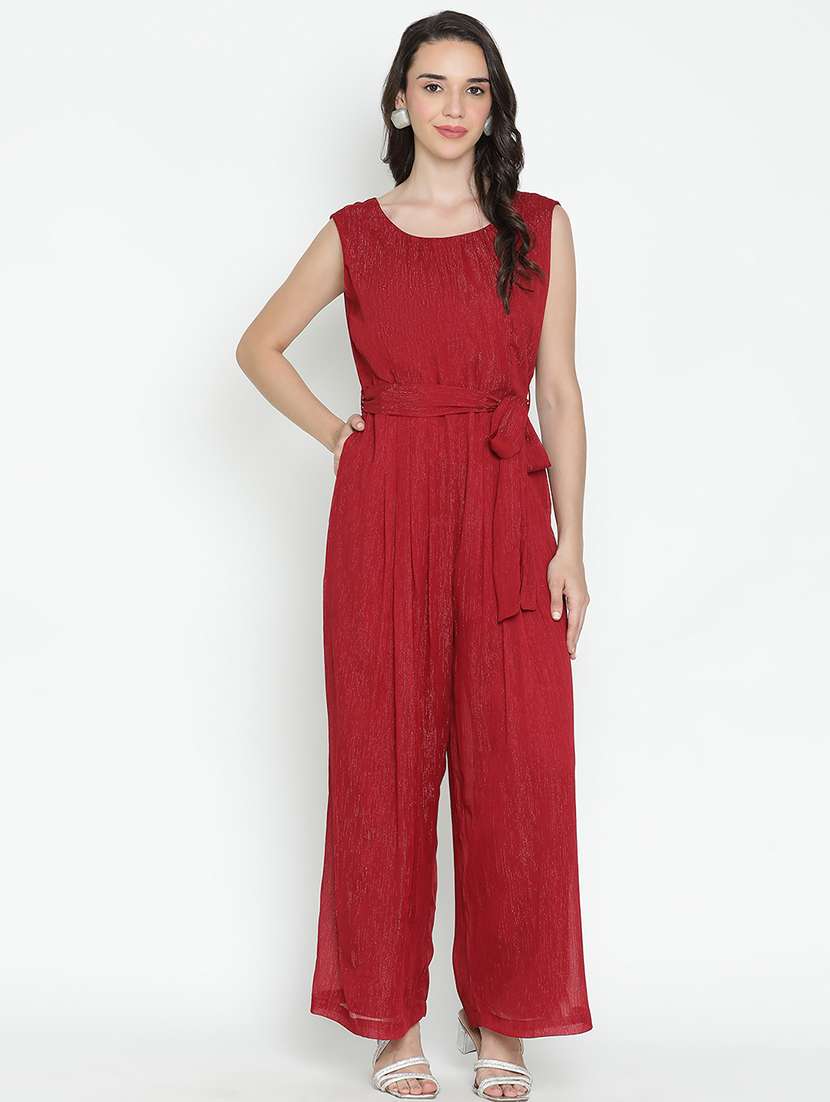 women maroon polyester full leg jumpsuit