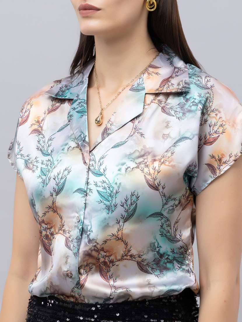 women printed lapel neck short sleeves shirt - 21496534 -  Standard Image - 5