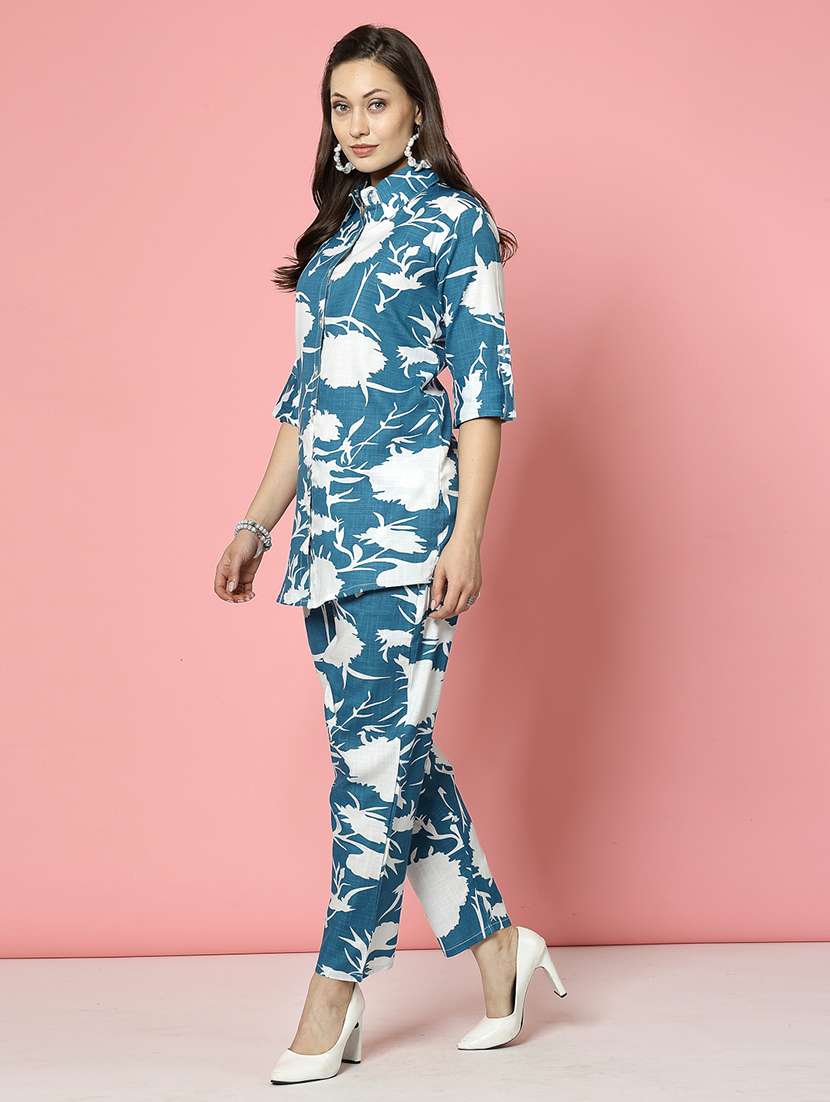 women turquoise rayon shirt and trouser co-ord set - 21496543 -  Standard Image - 3