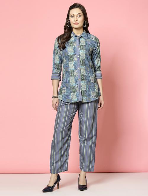 women blue rayon shirt and trouser co-ord set - 21496594 - Standard Image - 0