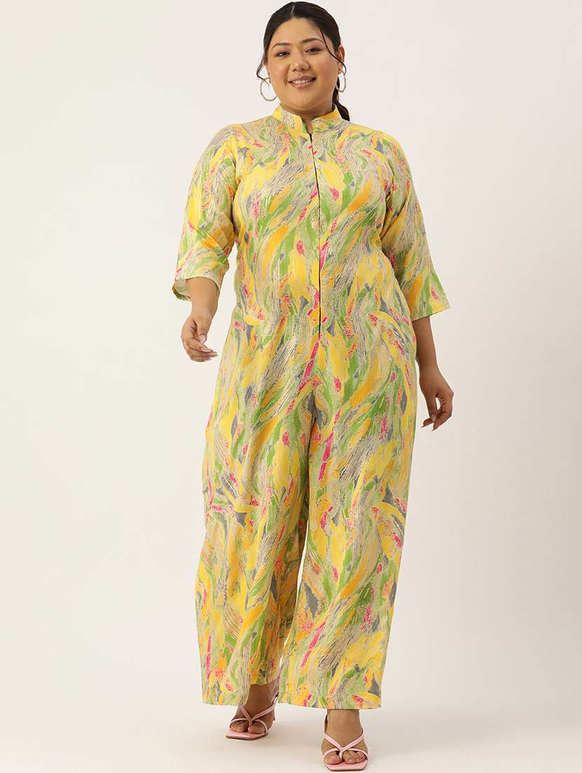 women mandarin neck printed full leg jumpsuit