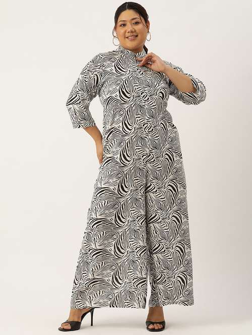 women mandarin neck printed full leg jumpsuit