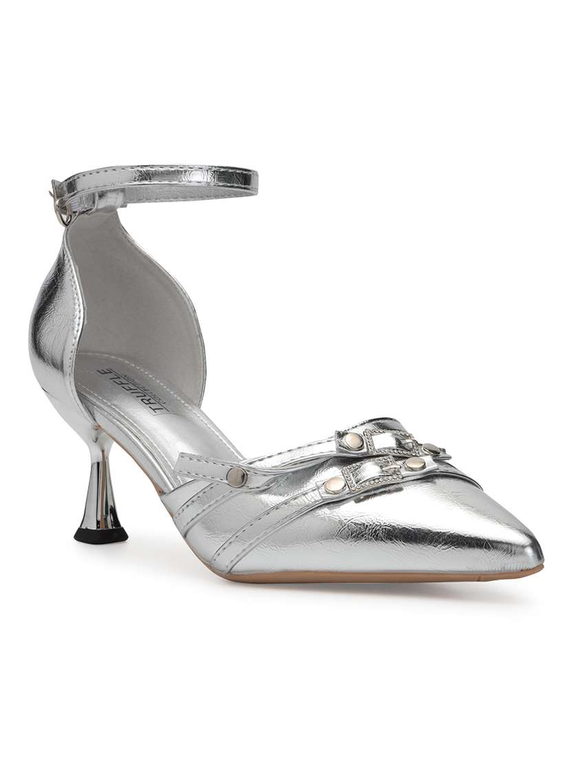 women silver ankle strap pumps