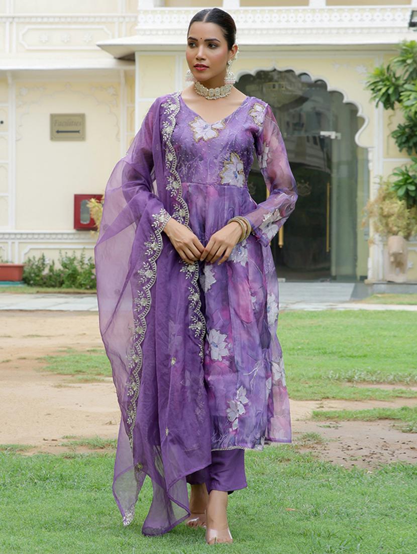 women purple long sleeve kurta pant with dupatta set