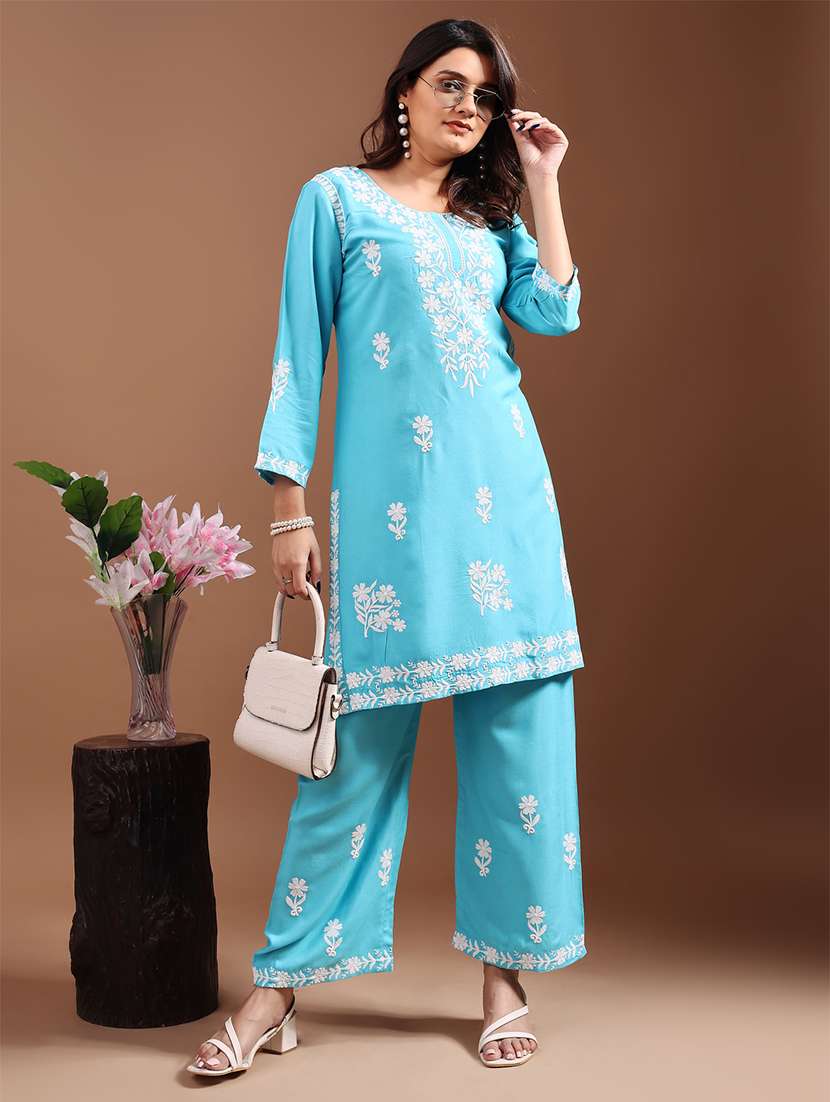 women three quarter sleeve embroidered kurta palazzo set  - 21497894 -  Zoom Image - 0