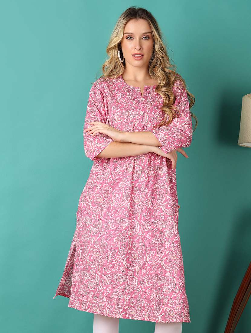 women paisley printed three quarter sleeve straight kurta - 21498559 -  Zoom Image - 0