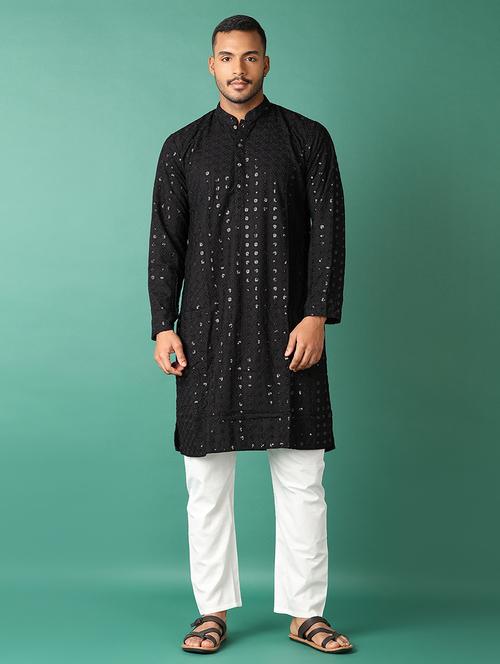 men black mandarin neck kurta pyjama set - 21498743 -  Standard Image - 0