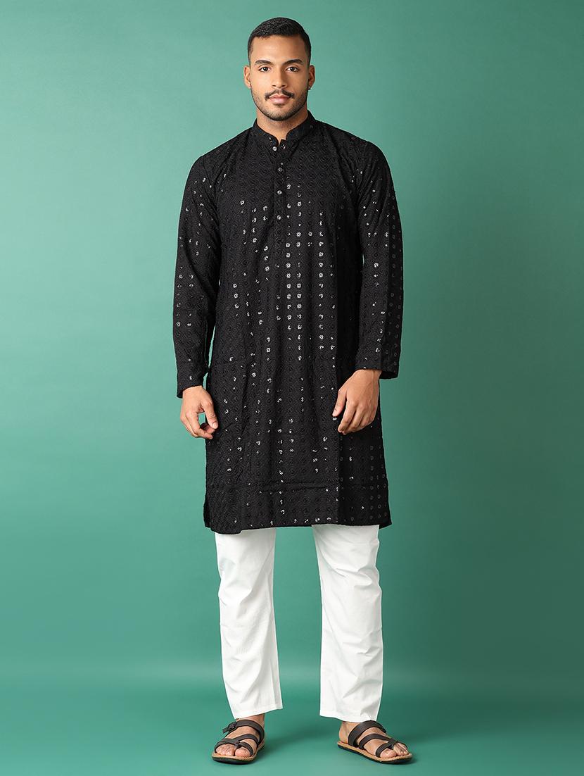 men black mandarin neck kurta pyjama set - 21498743 -  Zoom Image - 0