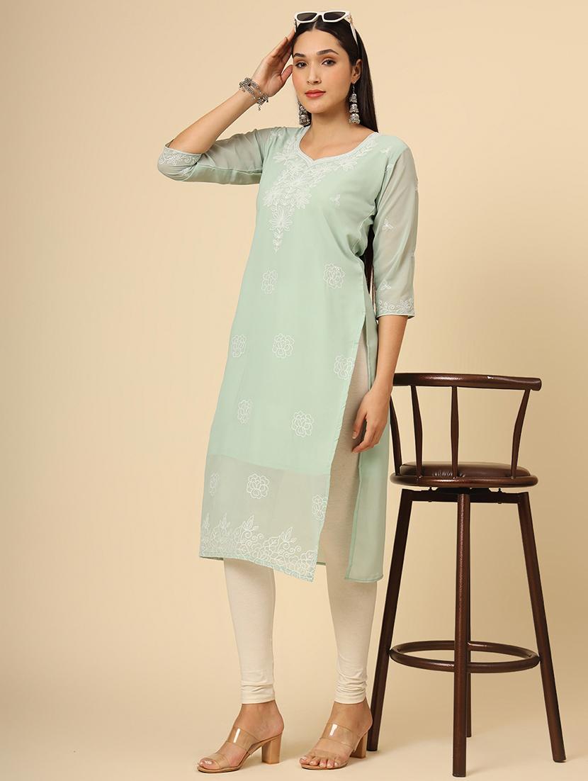 women three quarter sleeve chikankari straight kurta - 21499088 -  Zoom Image - 0