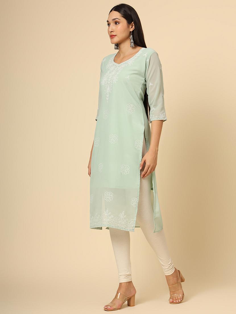 women three quarter sleeve chikankari straight kurta - 21499088 - Standard Image - 3