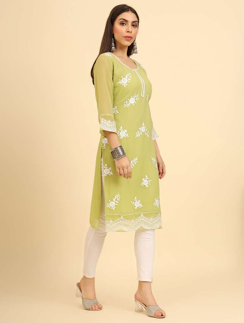 women three quarter sleeve chikankari straight kurta - 21499100 -  Standard Image - 3