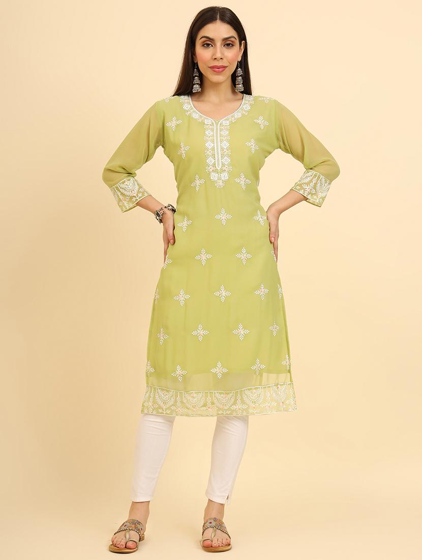 women three quarter sleeve chikankari straight kurta - 21499108 - Zoom Image - 0