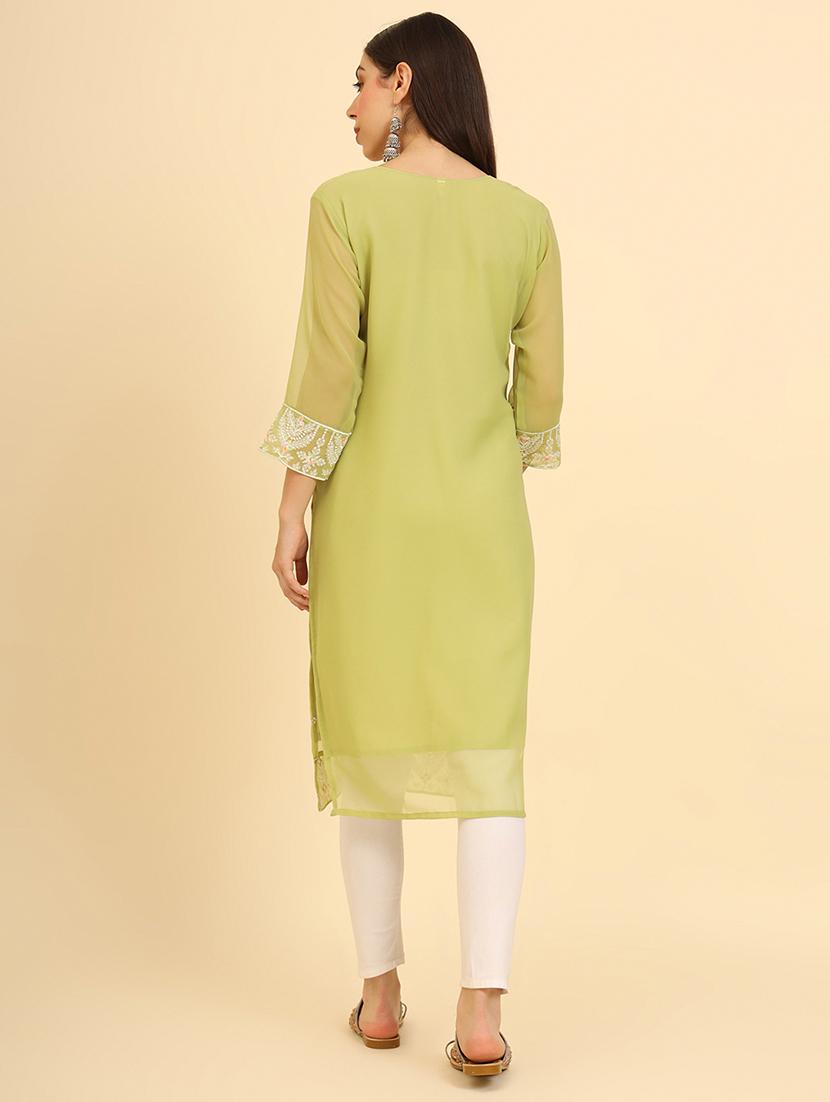 women three quarter sleeve chikankari straight kurta - 21499108 - Standard Image - 3
