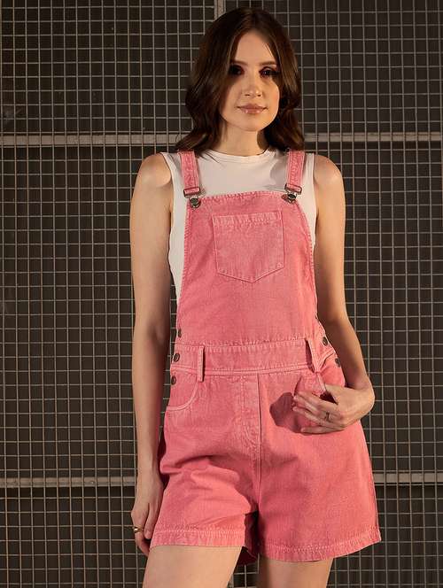 women pink denim dungaree jumpsuit