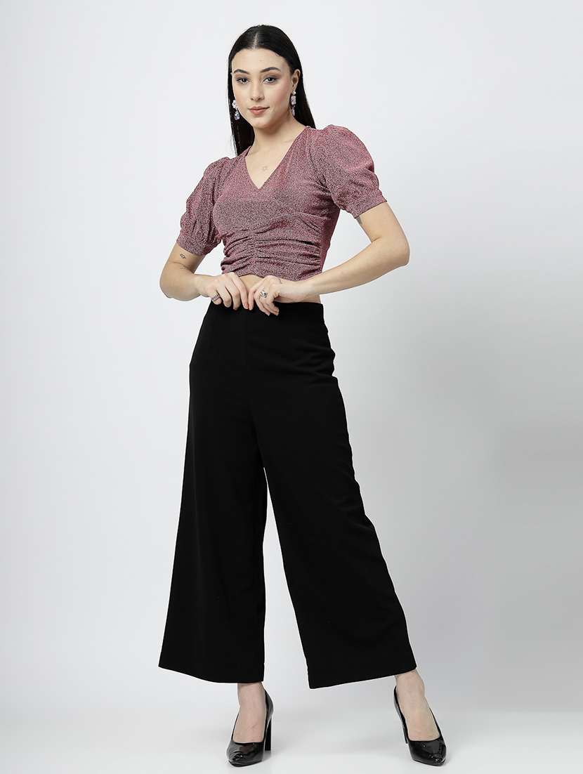 women maroon polyester top and trouser co-ord set