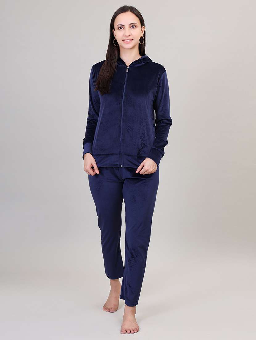 women hooded solid pyjama nightwear set