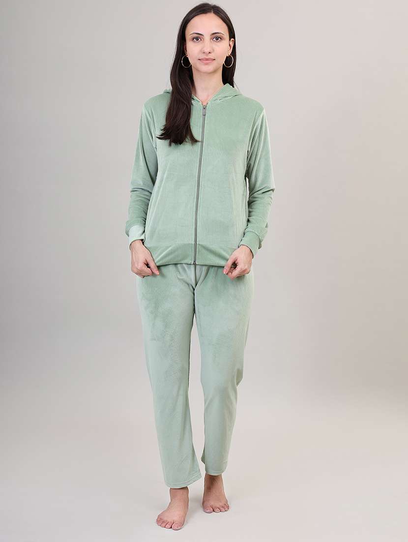 women hooded solid pyjama nightwear set