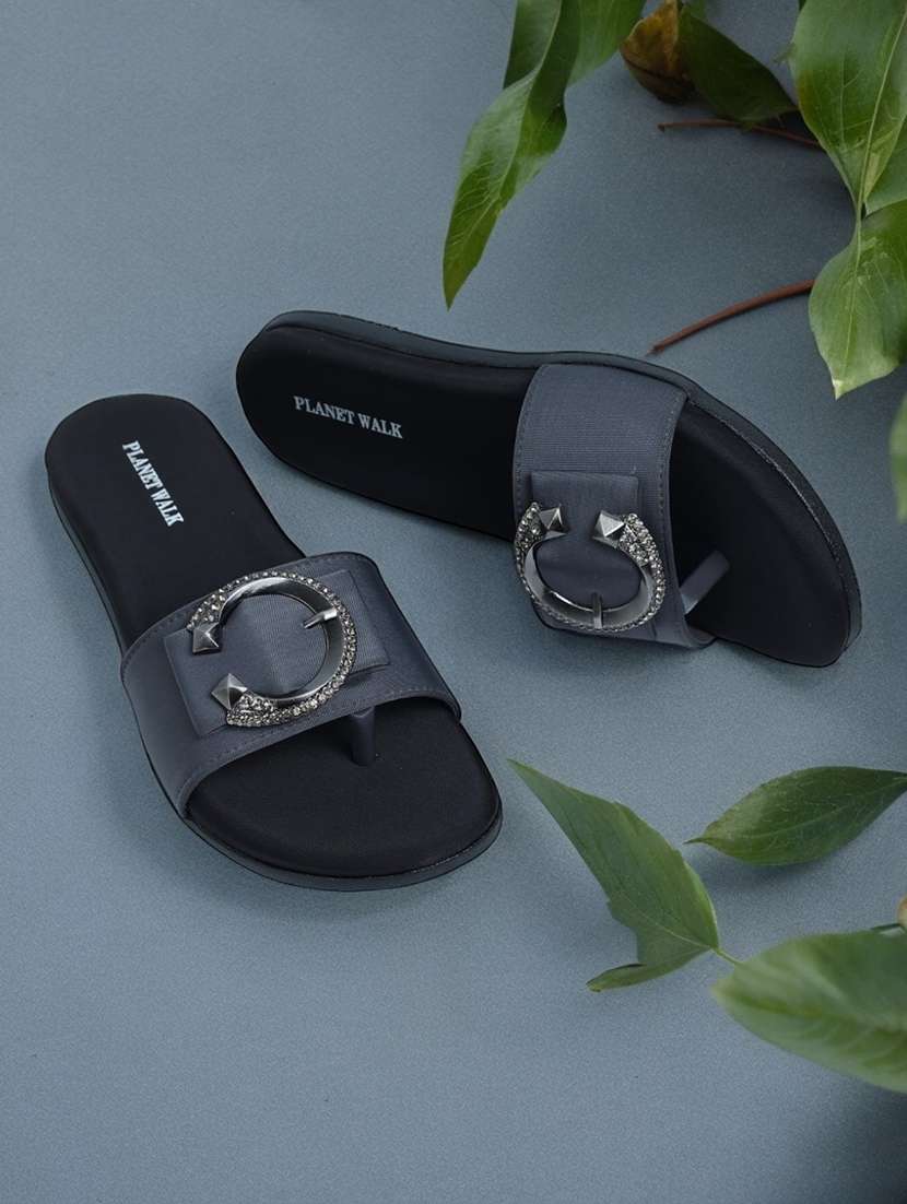 grey synthetic slip on sandals