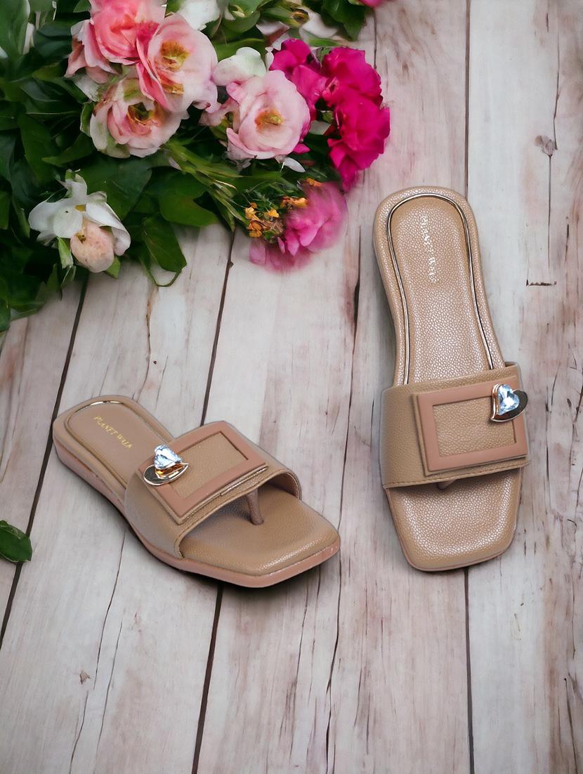 beige synthetic slip on sandals
