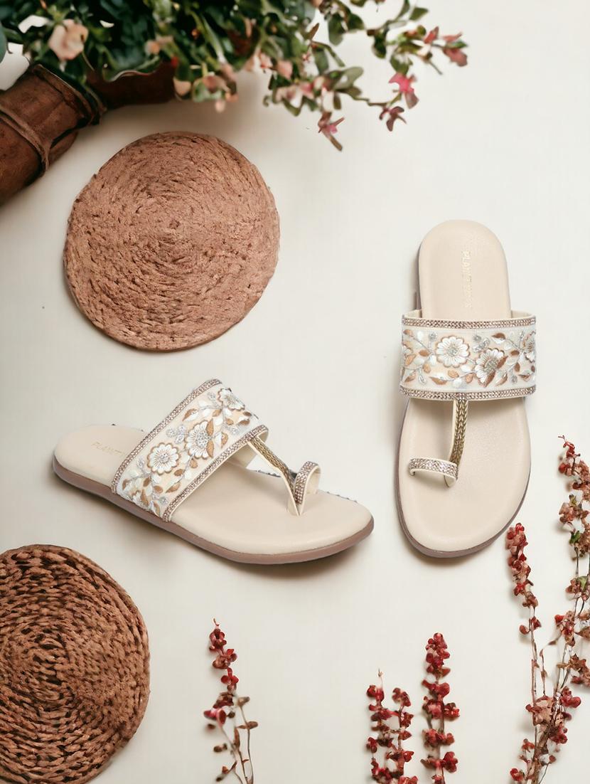 beige synthetic slip on sandals