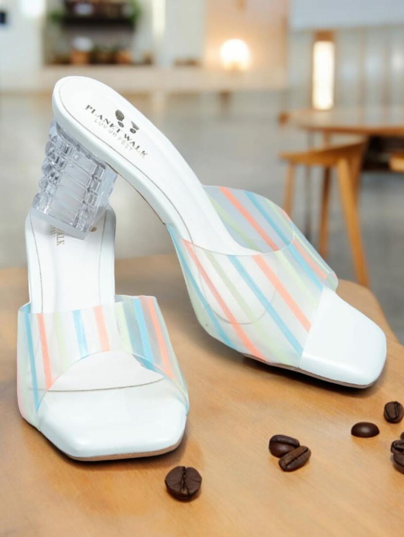white synthetic slip on sandals