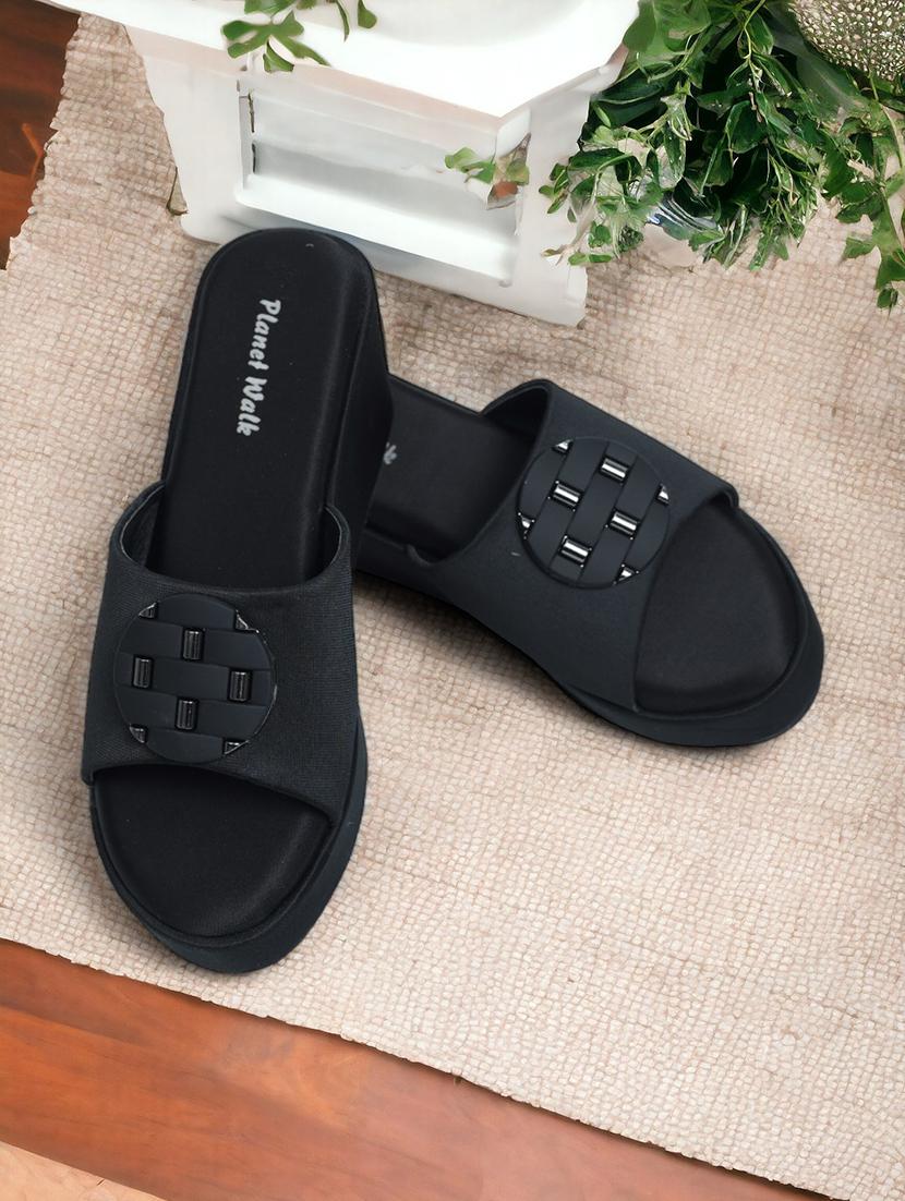 black synthetic slip on sandals