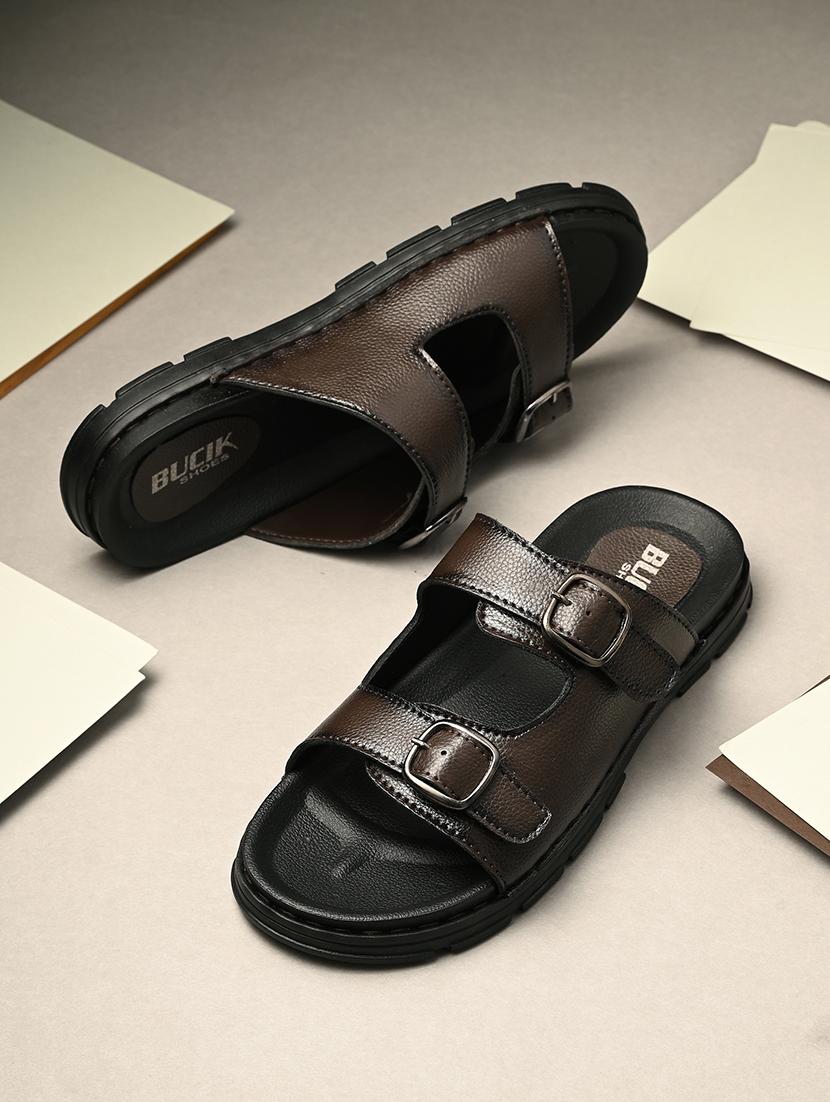 men brown slip on sandal