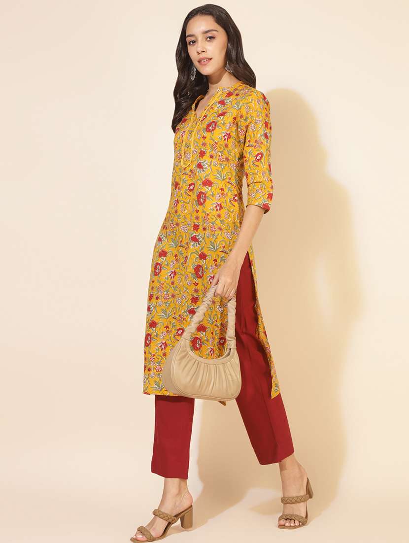 women floral print three quater sleeve straight kurta - 21501386 -  Standard Image - 3