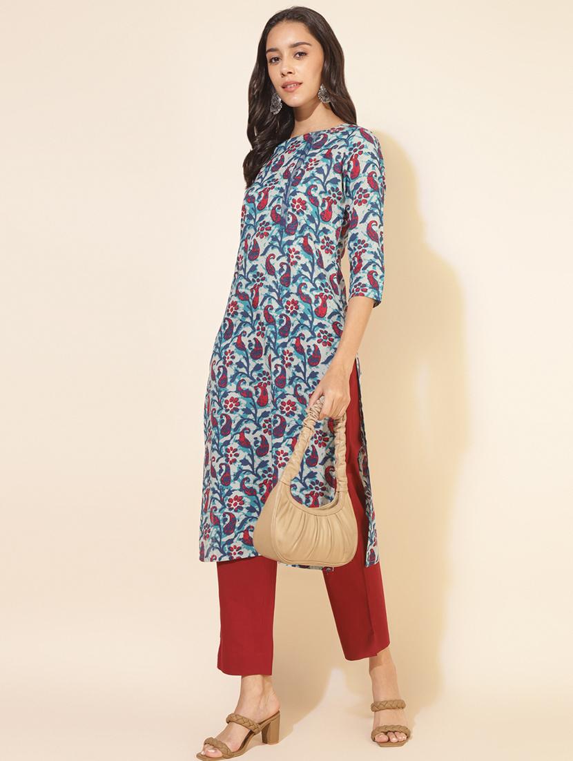 women paisley print three quater sleeve straight kurta - 21501391 - Standard Image - 3