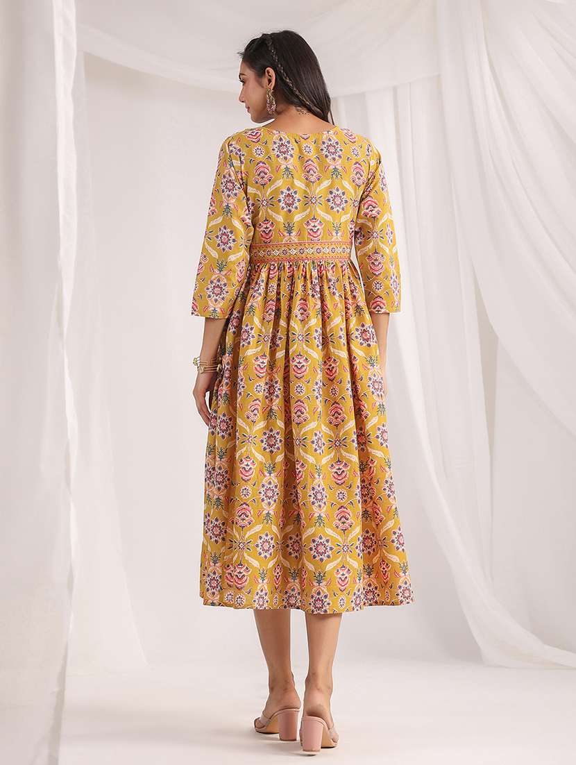 mustard printed fit & flare dress - 21501473 -  Standard Image - 3