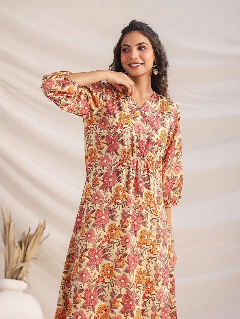 beige floral printed fit & flare dress - 21501475 - Standard Image - 5