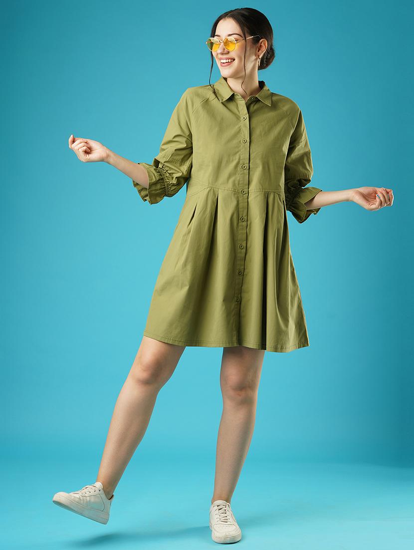 globus women green raglan sleeves gathered oversized above knee shirt style dress - 21501762 - Standard Image - 3