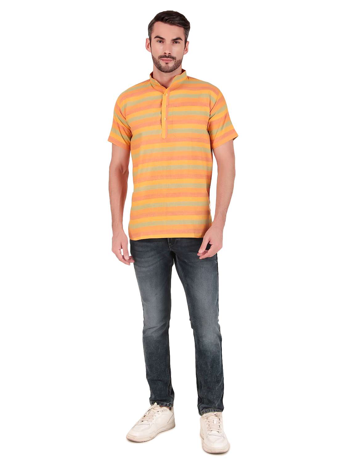 men mandarin neck striped short kurta - 21502068 -  Standard Image - 3
