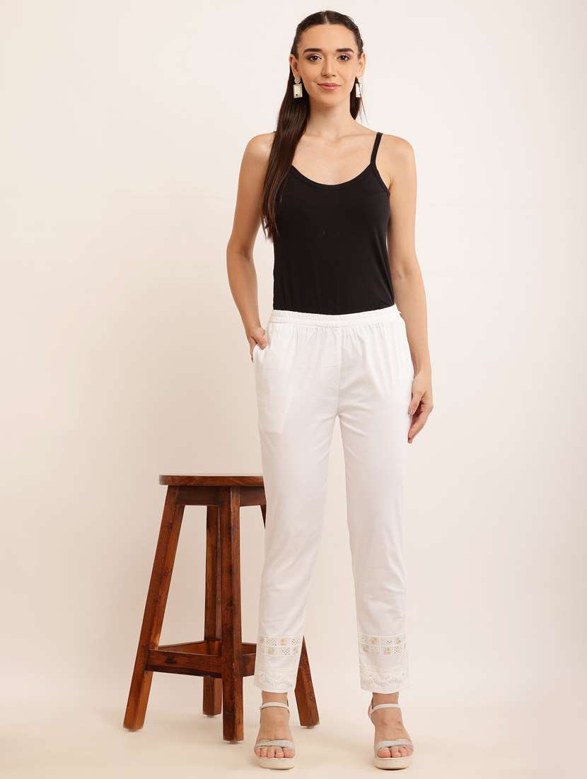 women white cotton lycra cigarette pants - 21502207 -  Standard Image - 3