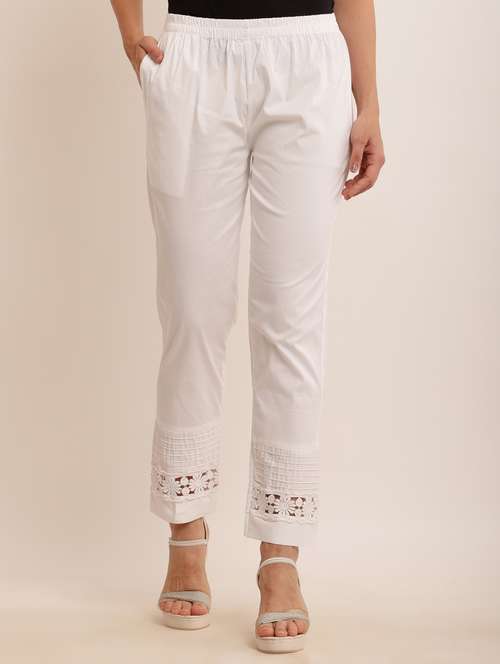 women white cotton lycra cigarette pants  - 21502227 -  Standard Image - 0