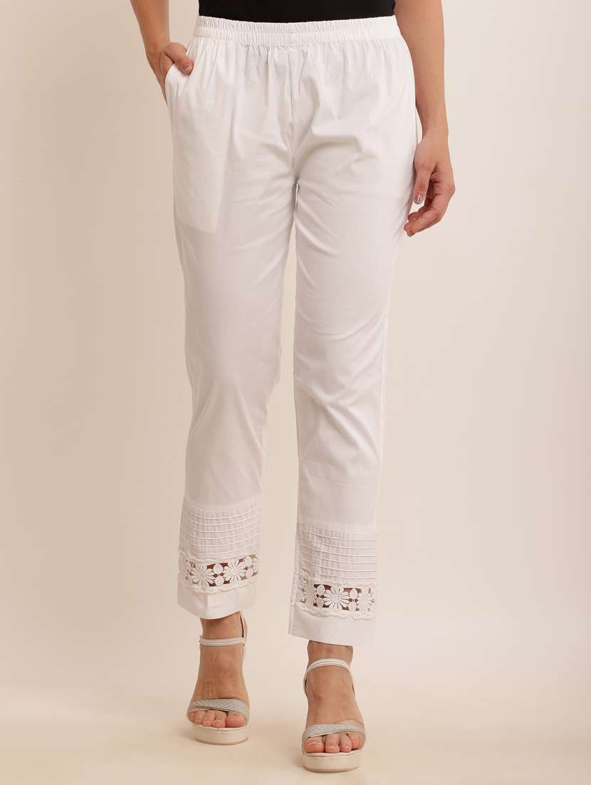 women white cotton lycra cigarette pants  - 21502227 -  Zoom Image - 0