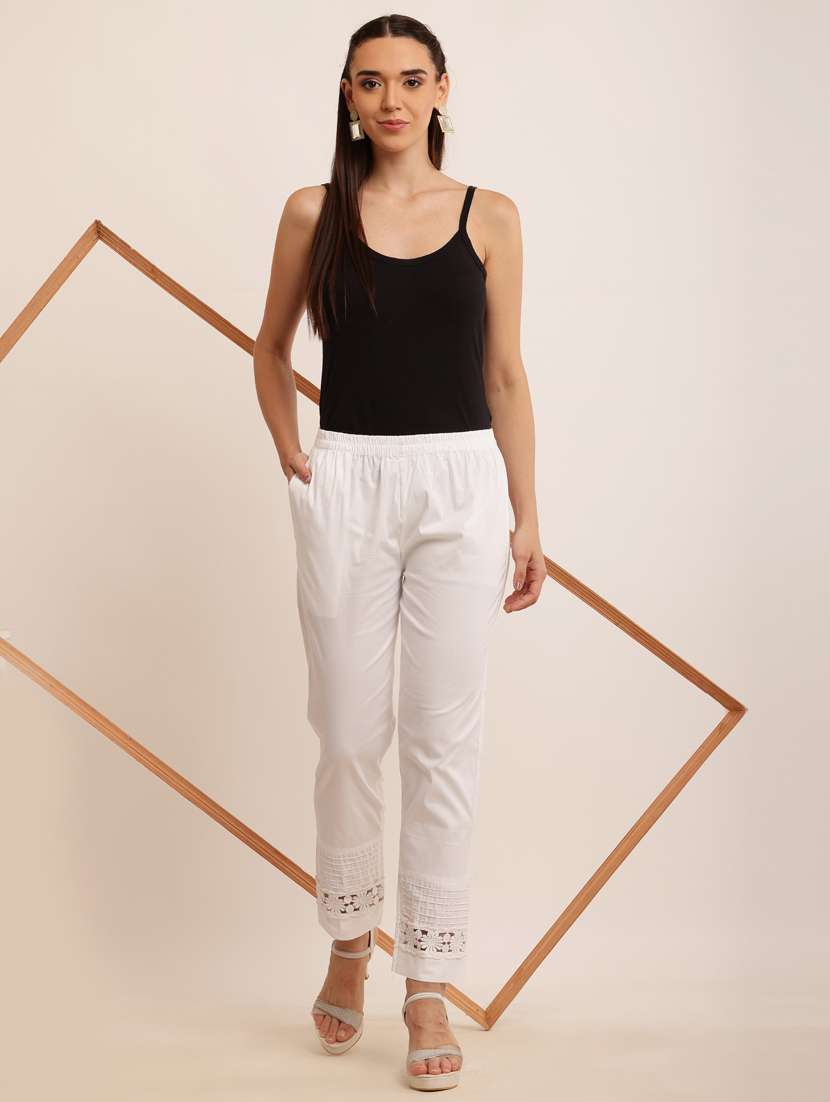 women white cotton lycra cigarette pants - 21502227 - Standard Image - 3