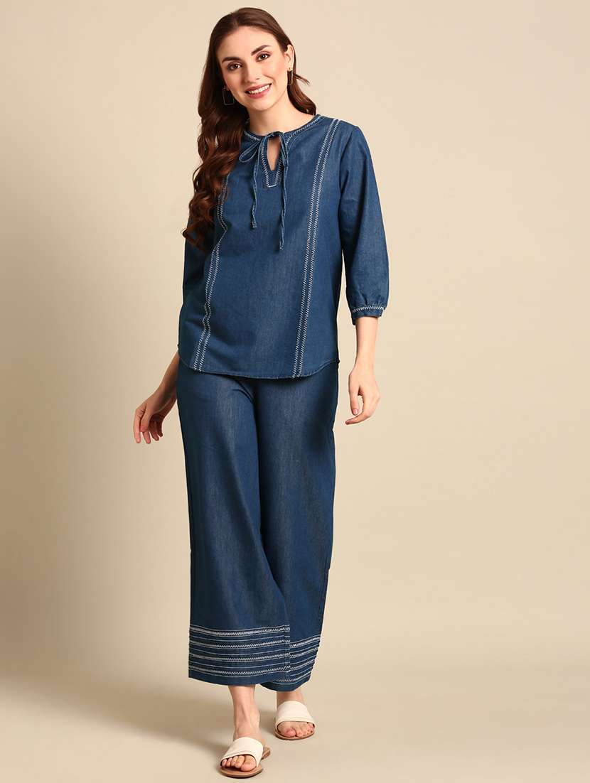 women navy blue cotton wide leg trouser - 21502687 - Standard Image - 3