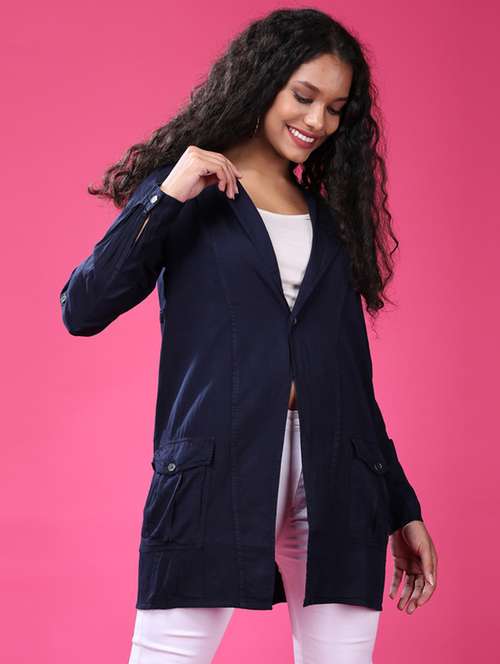 women navy blue cotton blend regular jacket - 21503005 - Standard Image - 0