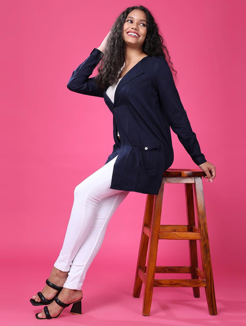 women navy blue cotton blend regular jacket - 21503005 - Standard Image - 3