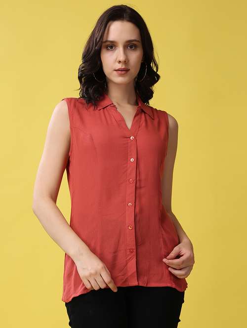 women rust solid sleeveless shirt top - 21503115 - Standard Image - 0