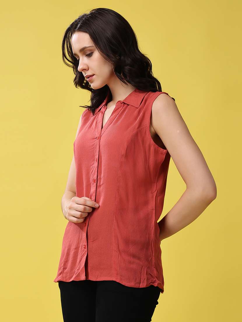 women rust solid sleeveless shirt top - 21503115 - Standard Image - 3