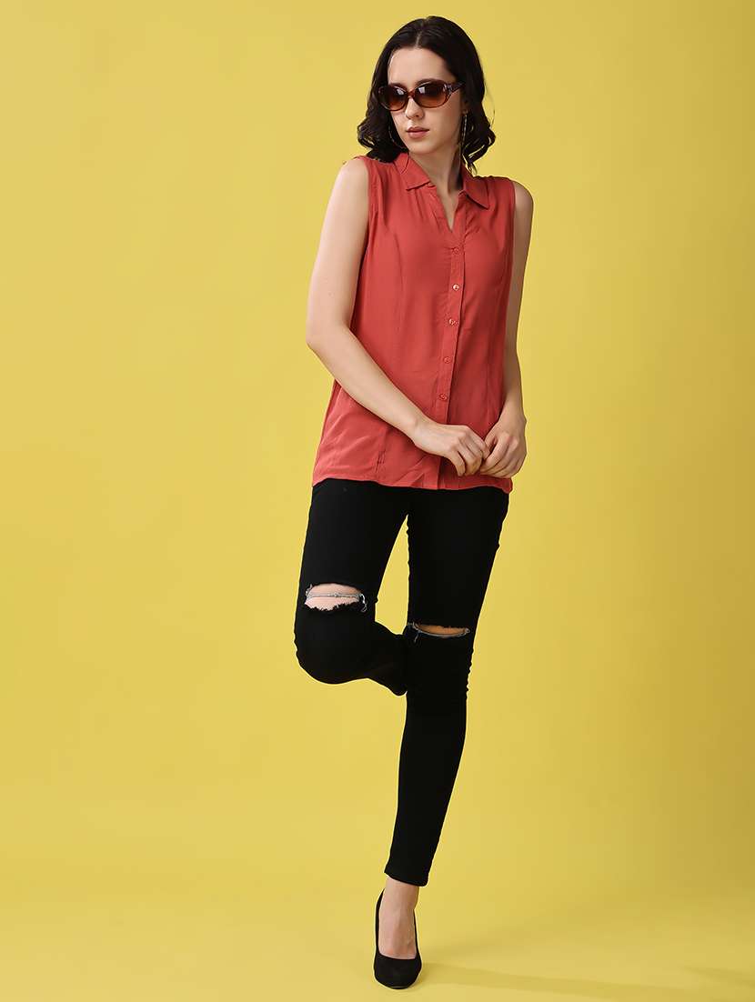 women rust solid sleeveless shirt top - 21503115 - Standard Image - 5