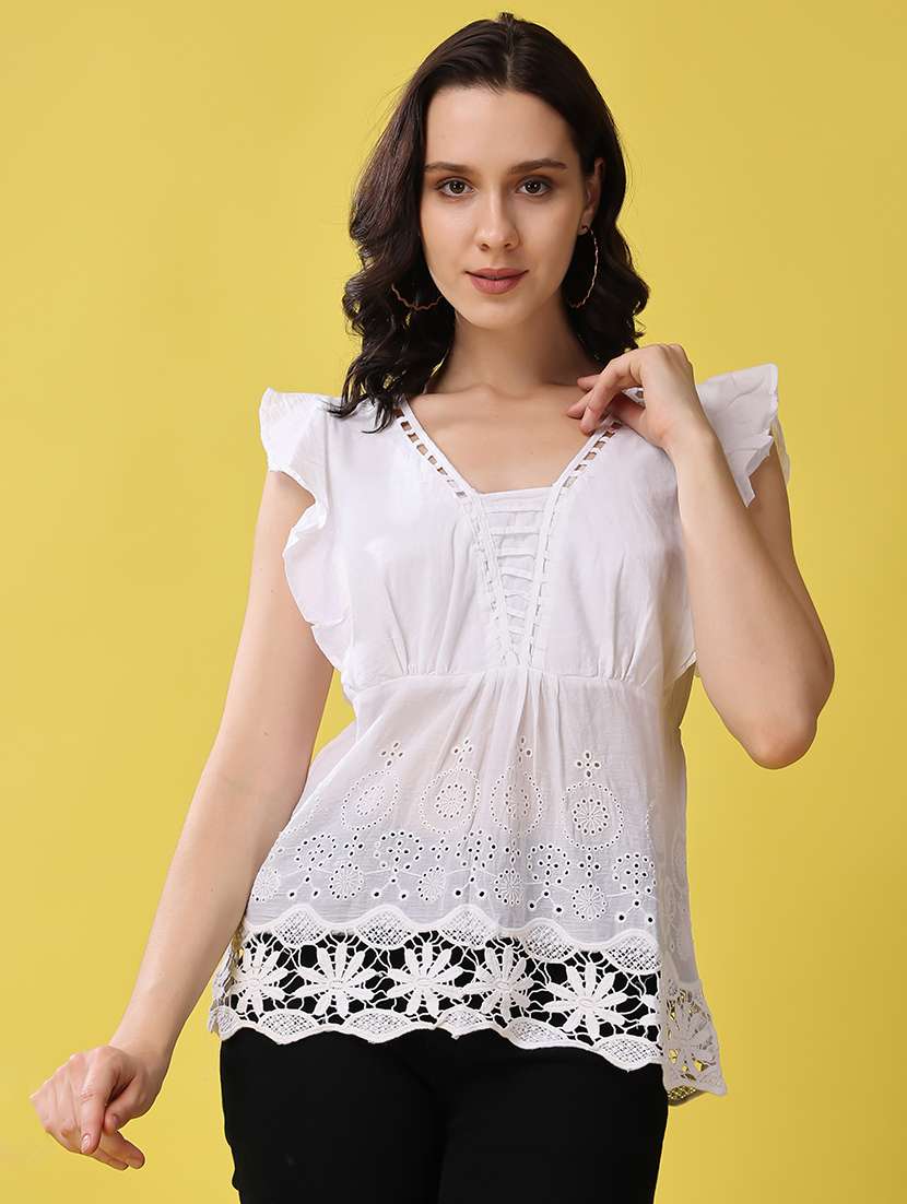 women white square neck schiffli detailed top - 21503120 - Zoom Image - 0