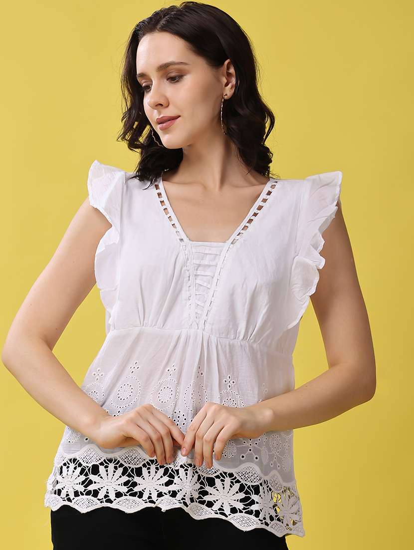 women white square neck schiffli detailed top - 21503120 - Standard Image - 3