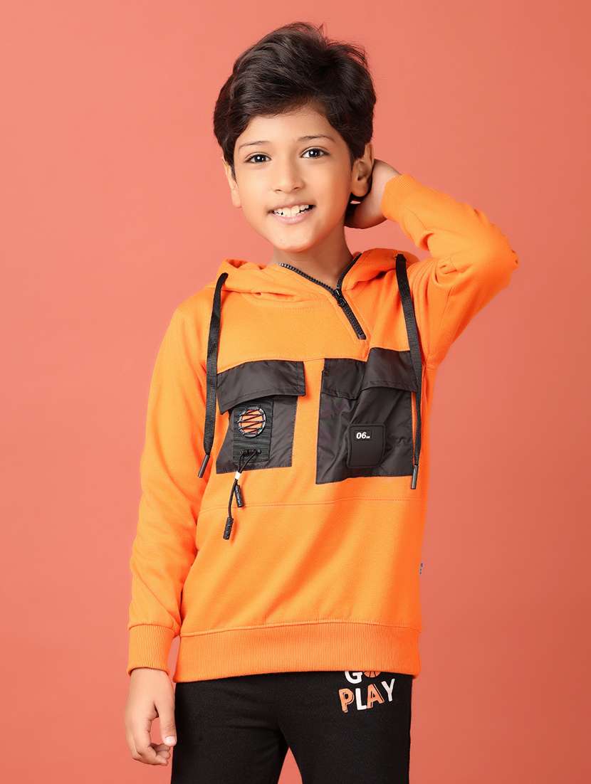 boys orange cotton front print sweatshirt