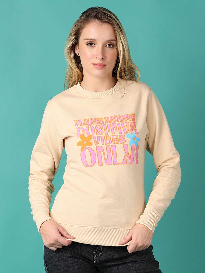 women beige front printed sweatshirt